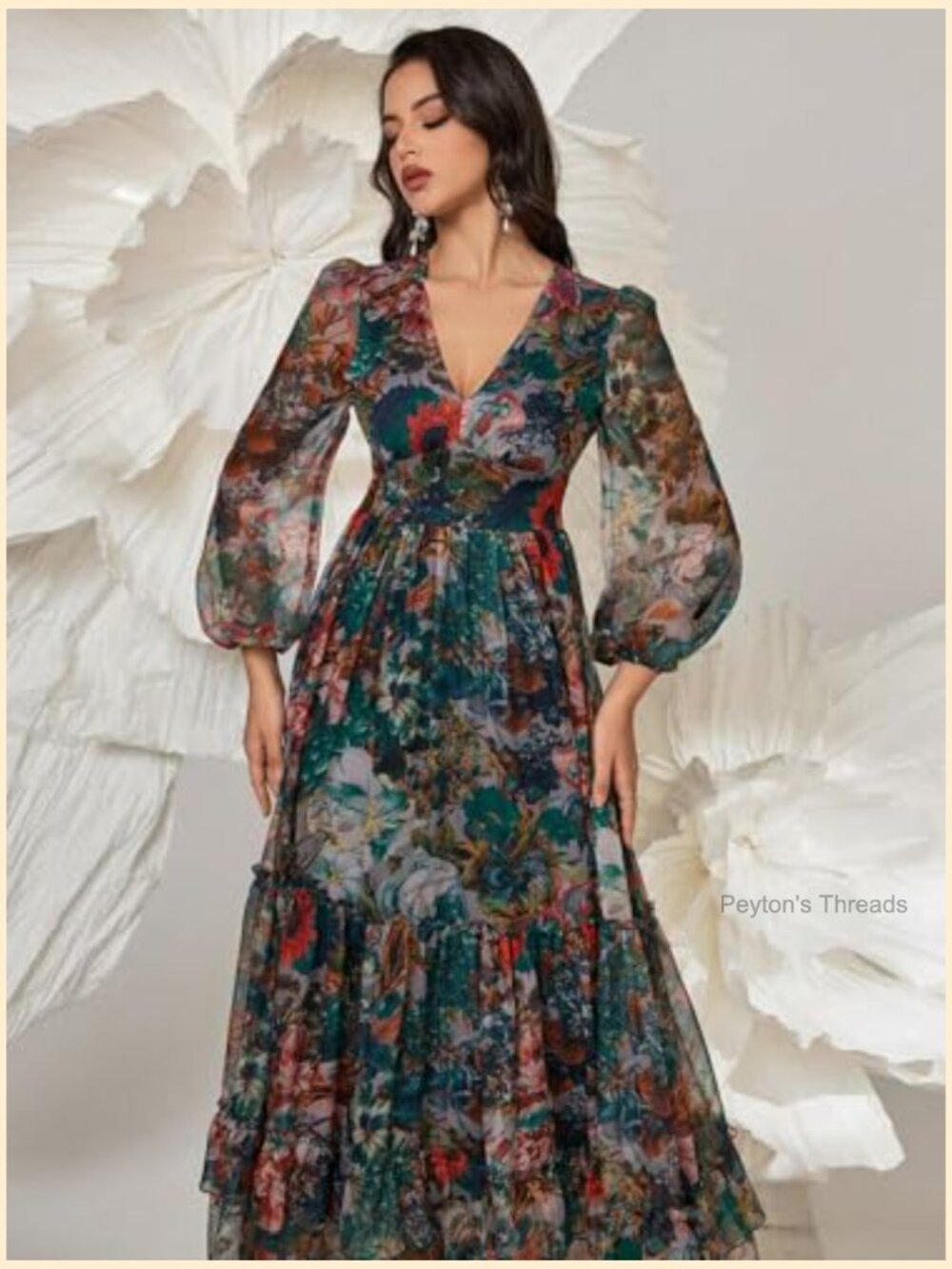 Boho V Neck Long Sleeve Ruffle Floral Print Maxi Dress Swing Tiered Hem - Picture 3 of 6